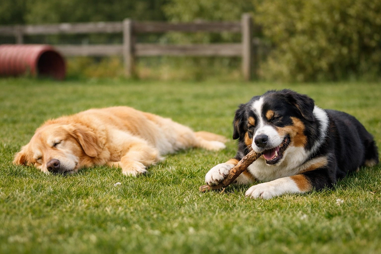 Two dogs relaxing on grass at Green Acres K-9 Resort in Boring, Oregon, supporting holistic joint health.