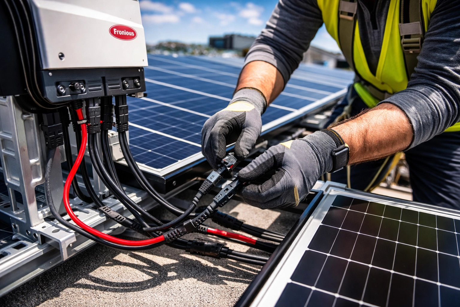Installer connecting high-quality commercial solar panel components during rooftop installation
