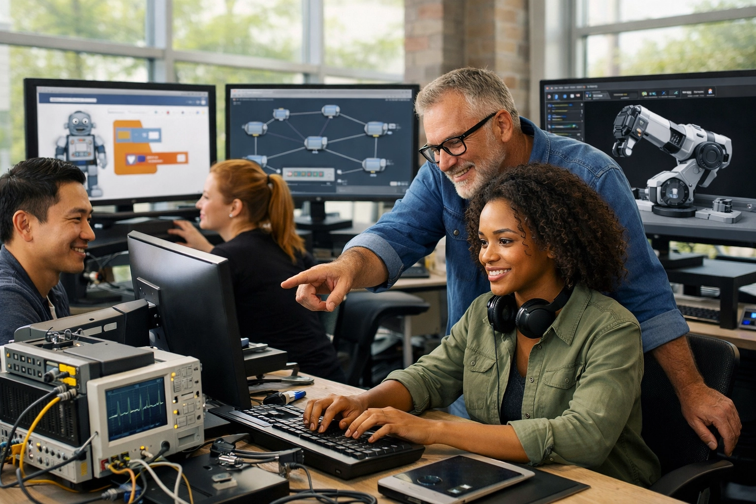 Professionals collaborating in modern Pod training facility with tech equipment