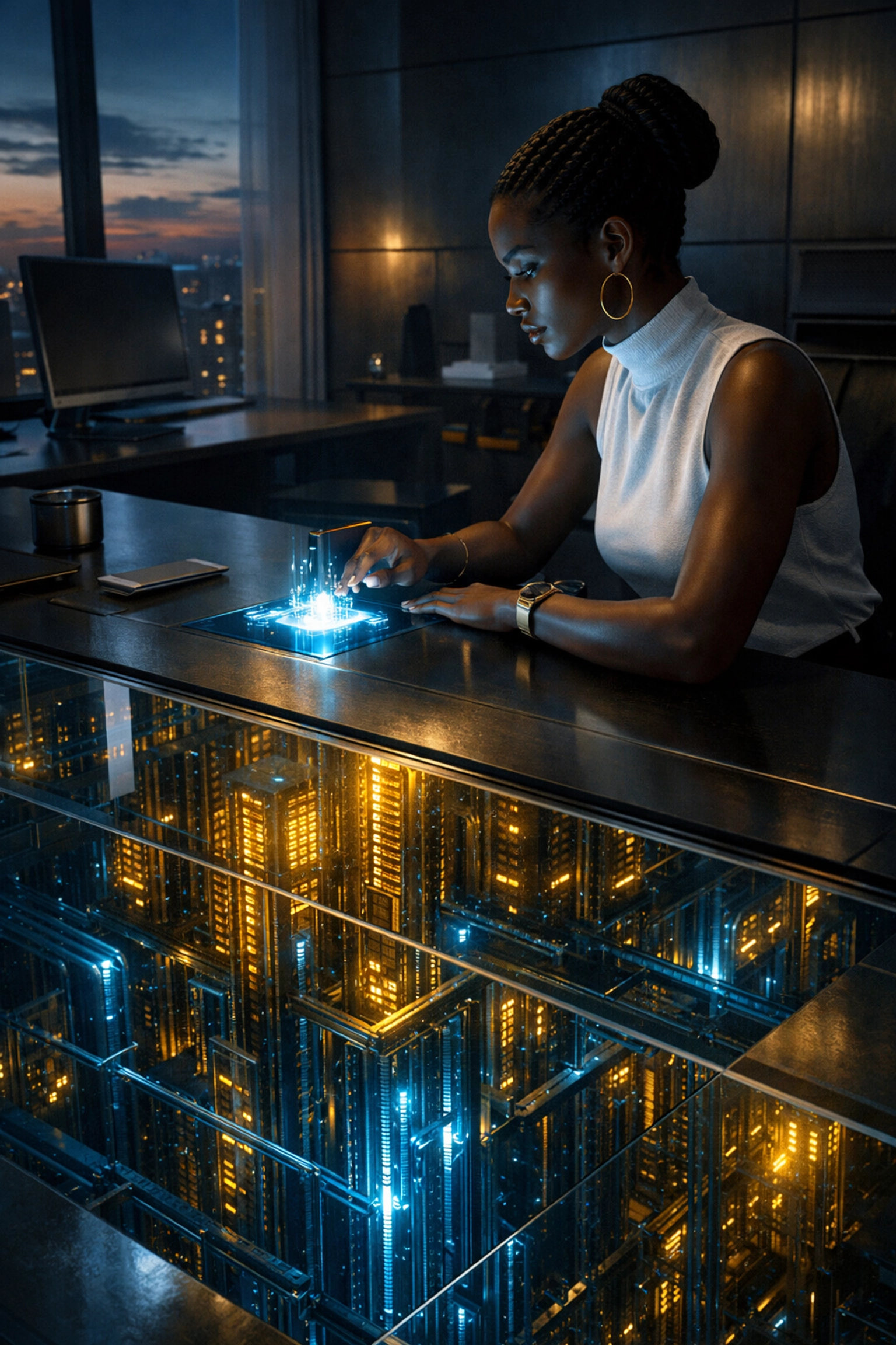 African woman overlooking massive server racks representing hidden AI compute costs.