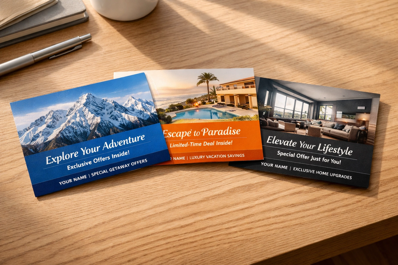 Personalized direct mail postcards showcasing variable data printing (VDP) and custom marketing imagery.