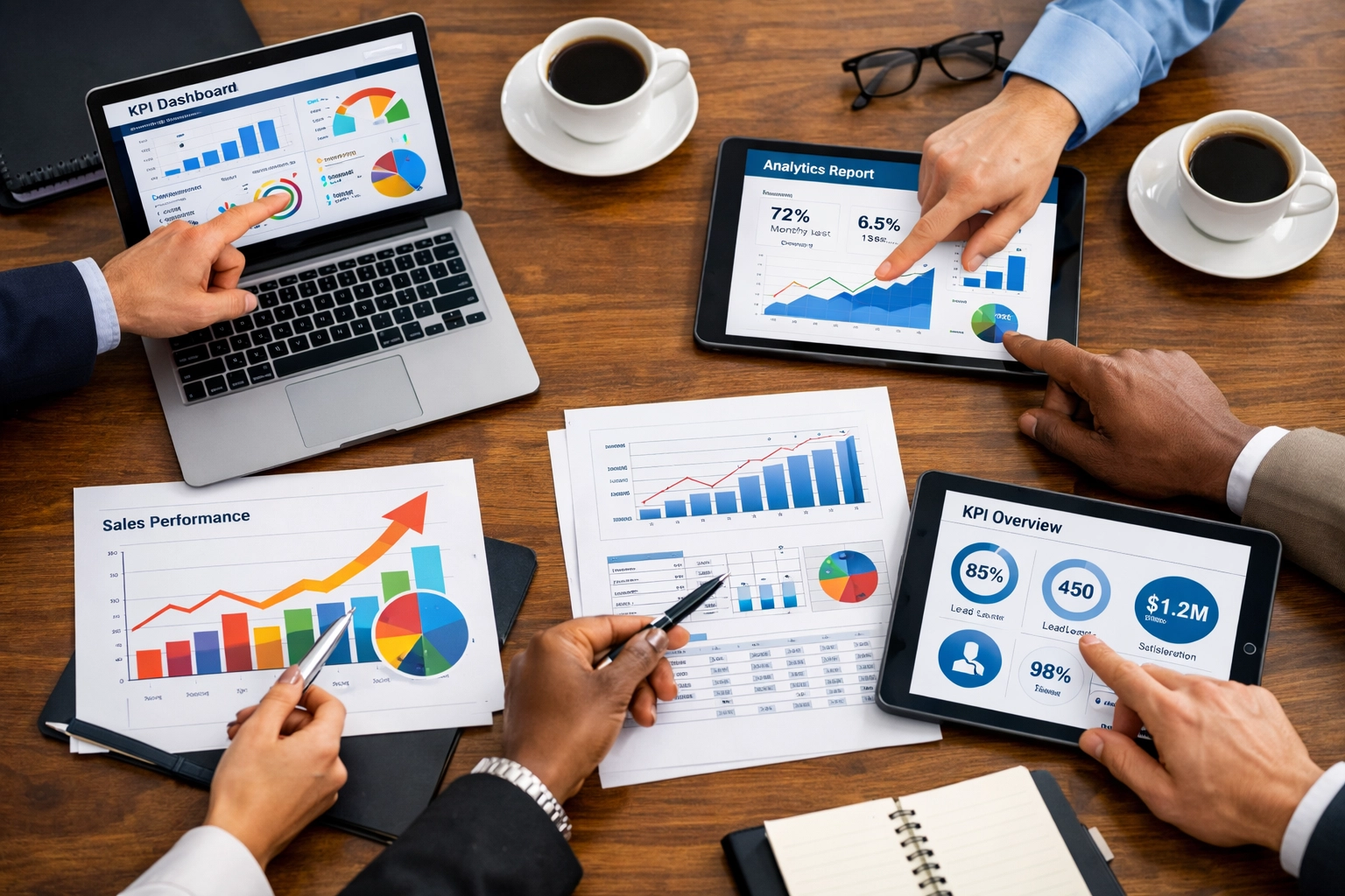 Business team analyzing sponsorship activation KPIs and ROI metrics on data dashboards