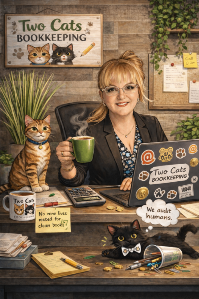 A professional bookkeeper sits at a desk with a laptop covered in 'Two Cats Bookkeeping' branding