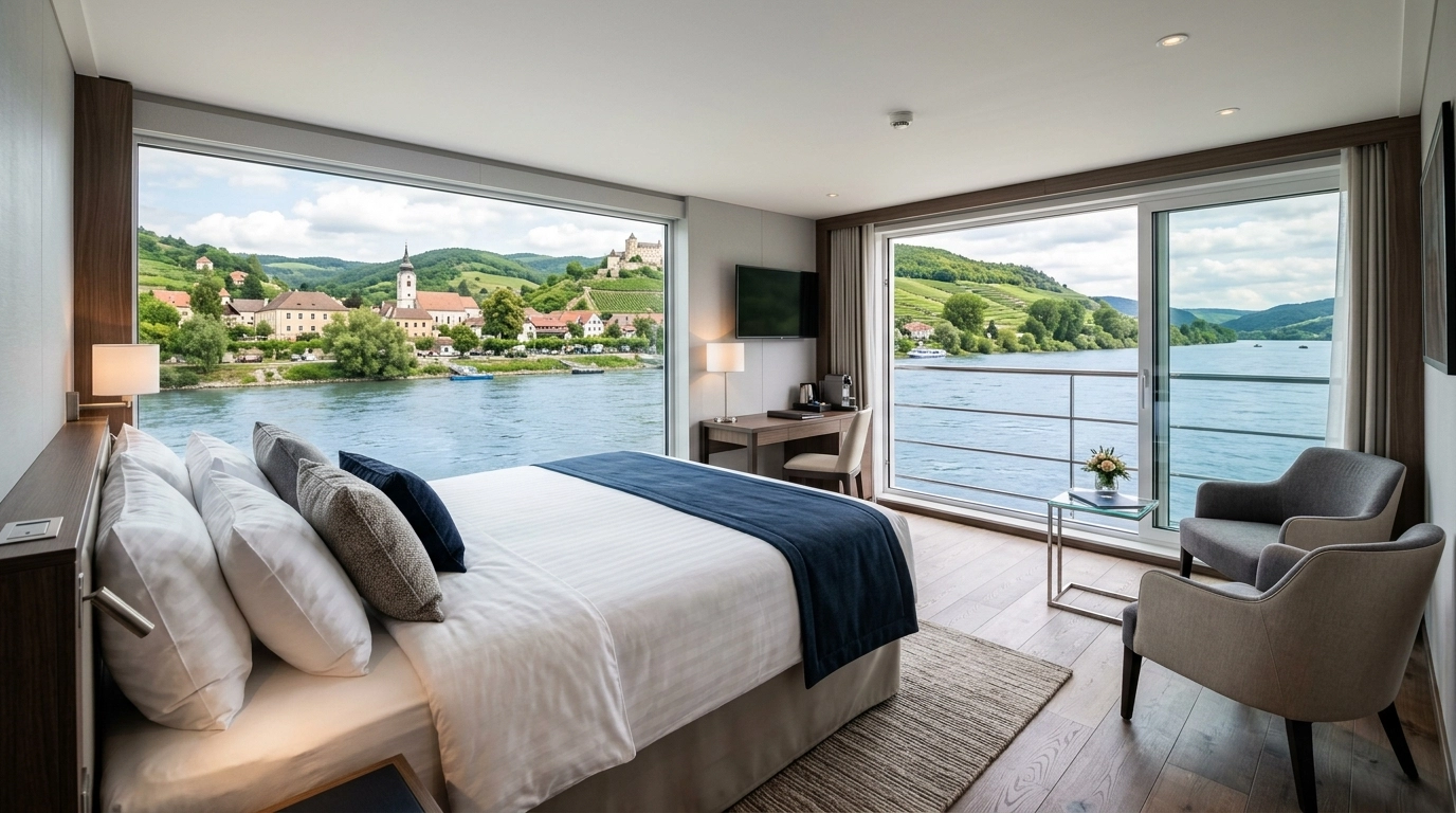 A luxurious Panorama Suite on an Avalon Waterways ship with wall-to-wall windows