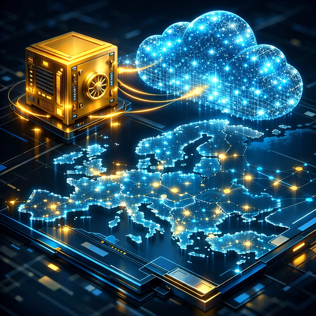 Hybride KI-Cloud-Architektur mit sicherem EU-Hosting und lokaler Datenverarbeitung nach DSGVO.