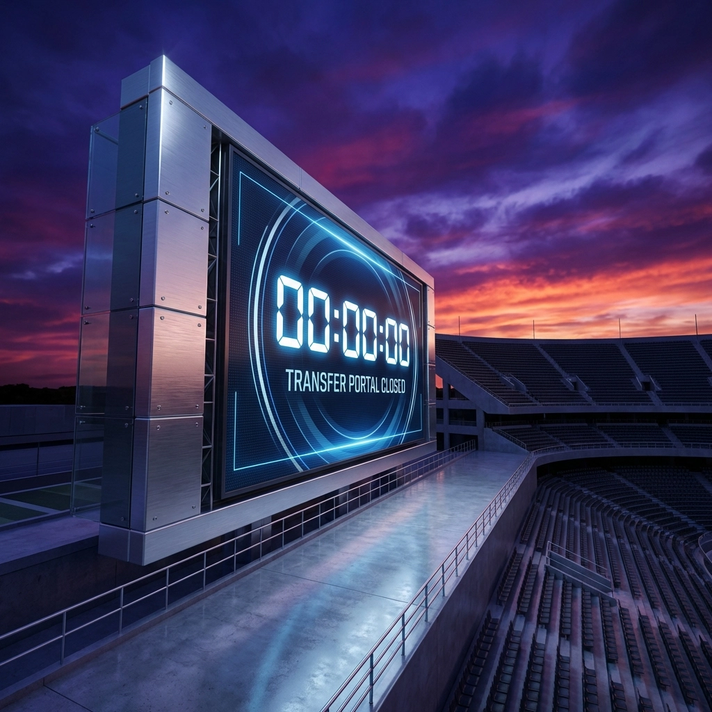 Digital stadium jumbotron showing a countdown clock at zero in an empty college football stadium, highlighting the urgency of the transfer window closing.