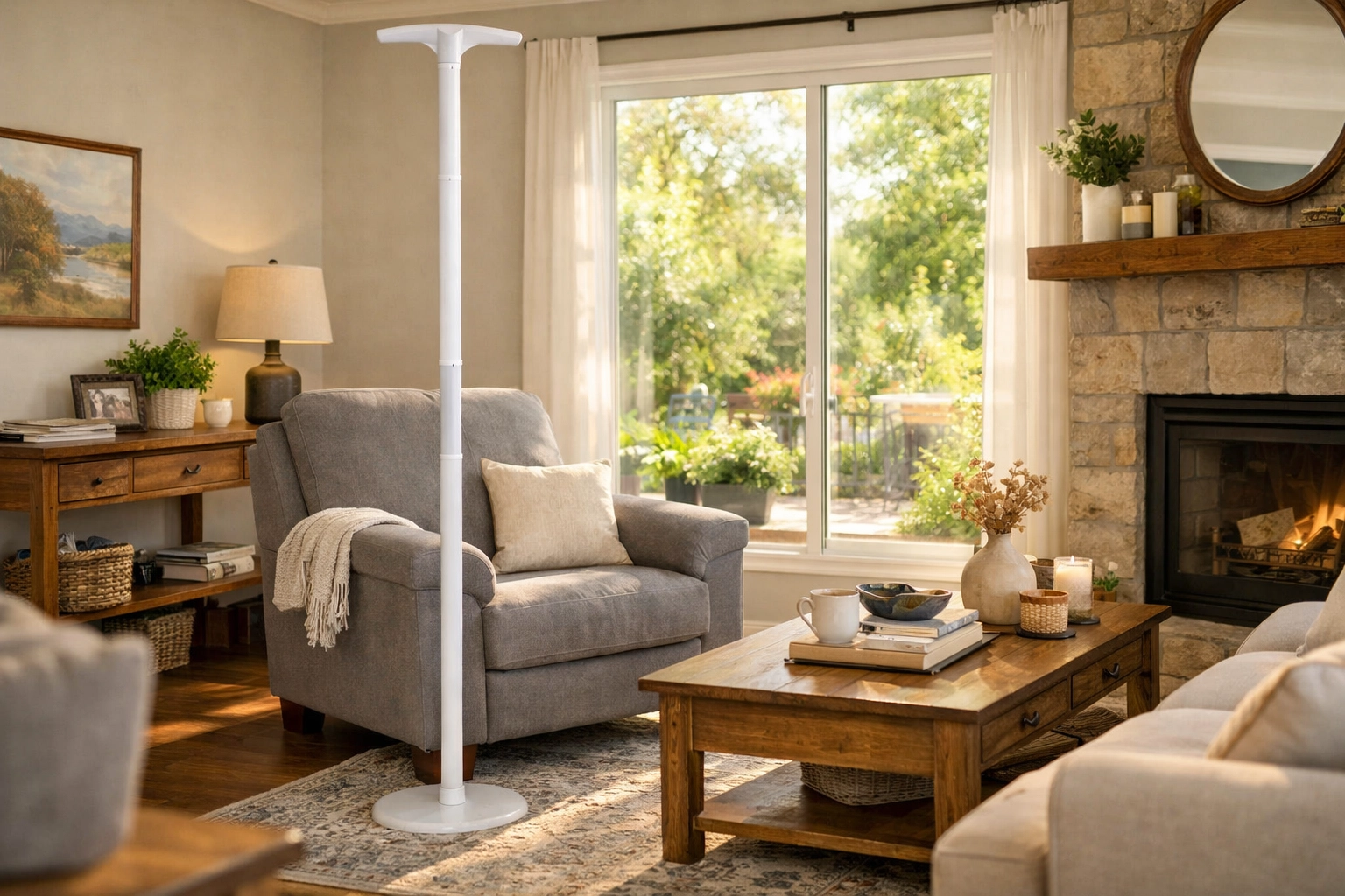 A white floor-to-ceiling independence pole installed next to an armchair for mobility support.