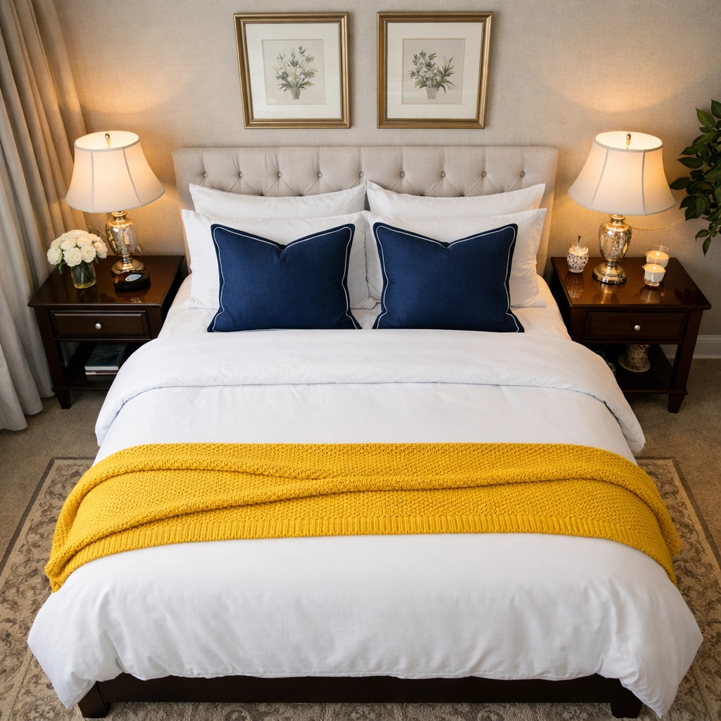 Dust-free master bedroom with crisp linens, showing professional allergy-proofing and residential cleaning.