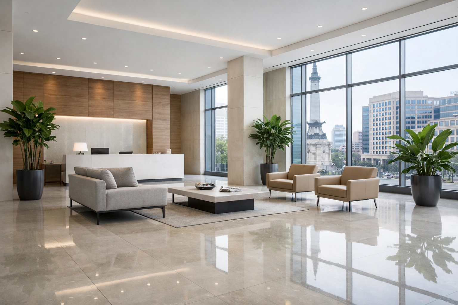 Clean, professional apartment lobby in Indianapolis showing high-end property management standards.