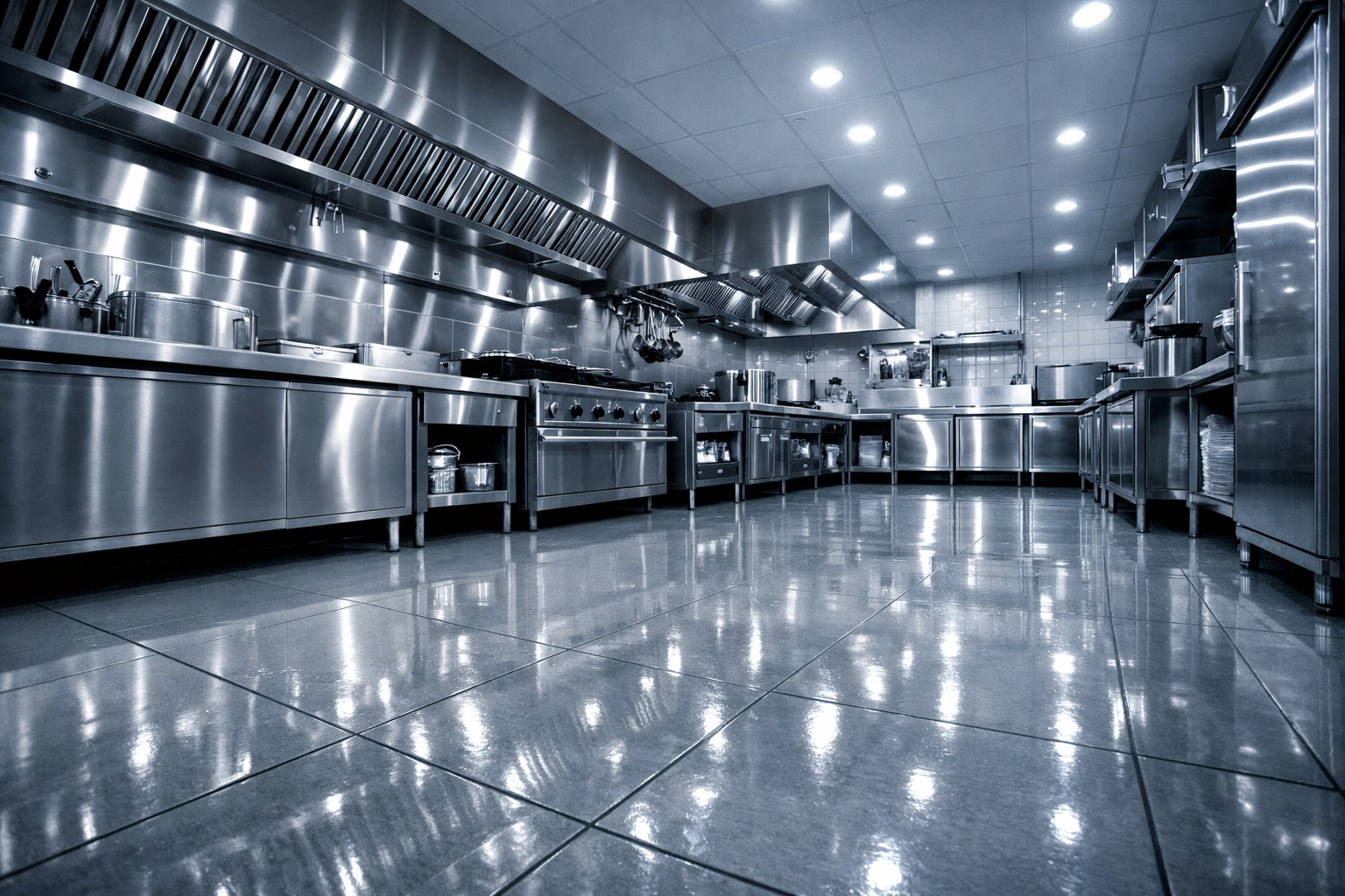 A sanitized commercial kitchen with polished equipment, essential for restaurant insurance risk management.