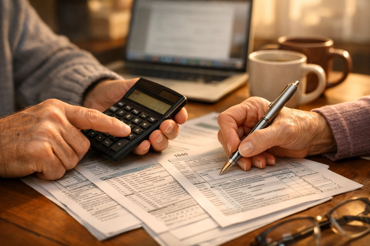 Senior couple calculating tax deduction phase-out with forms and calculator