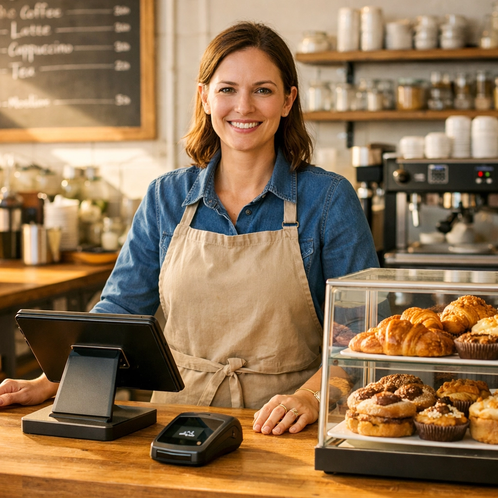 Independent café owner with card reader and POS tablet at counter with pastry display