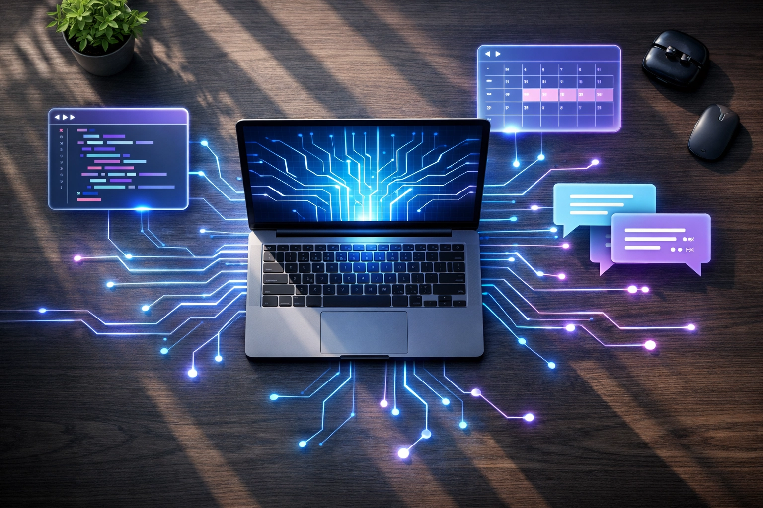 AI tools and automation working together on laptop for solo founder development acceleration