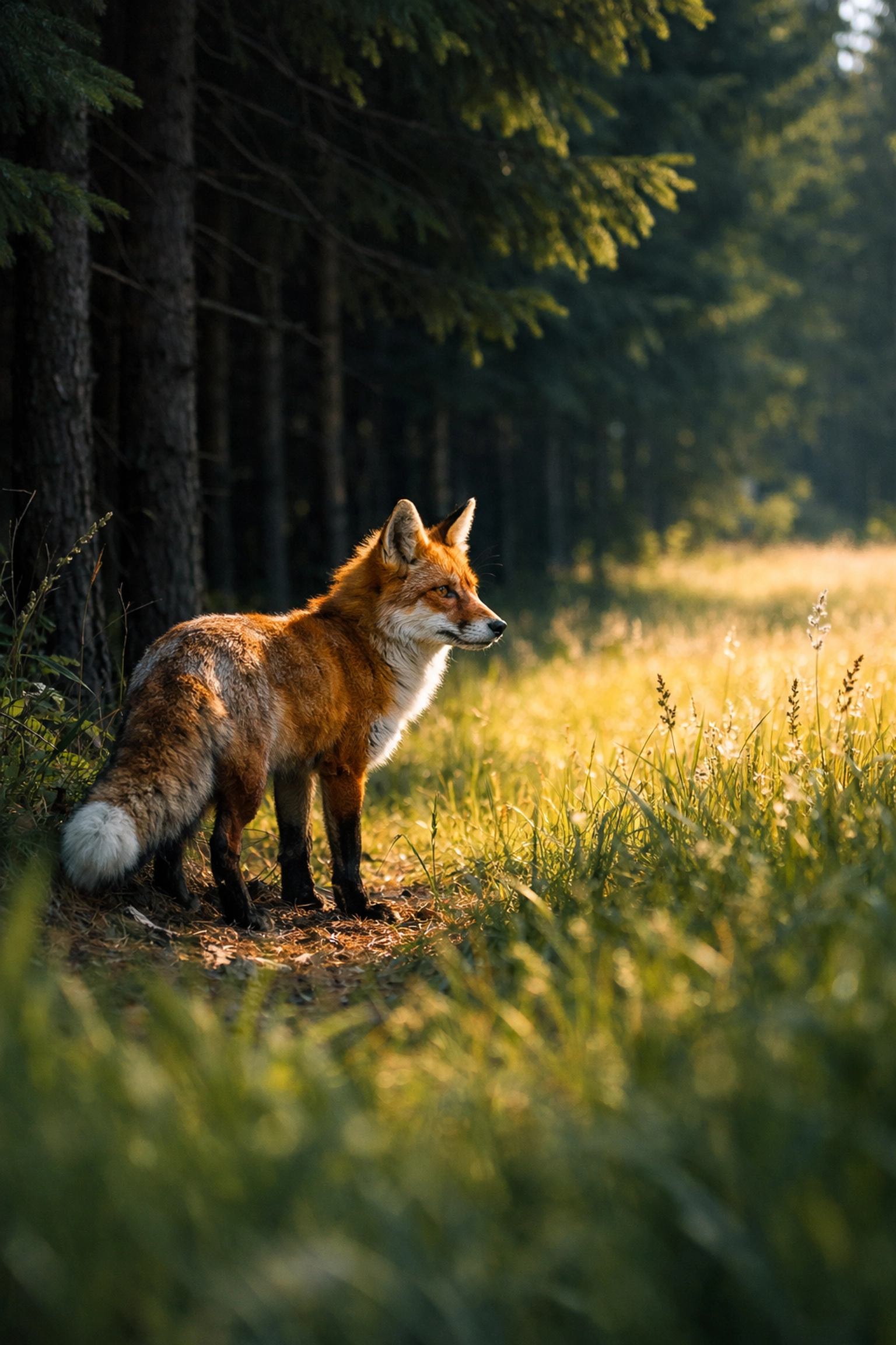 Red fox at the edge of a forest and meadow, highlighting biodiversity hotspots for spotting.