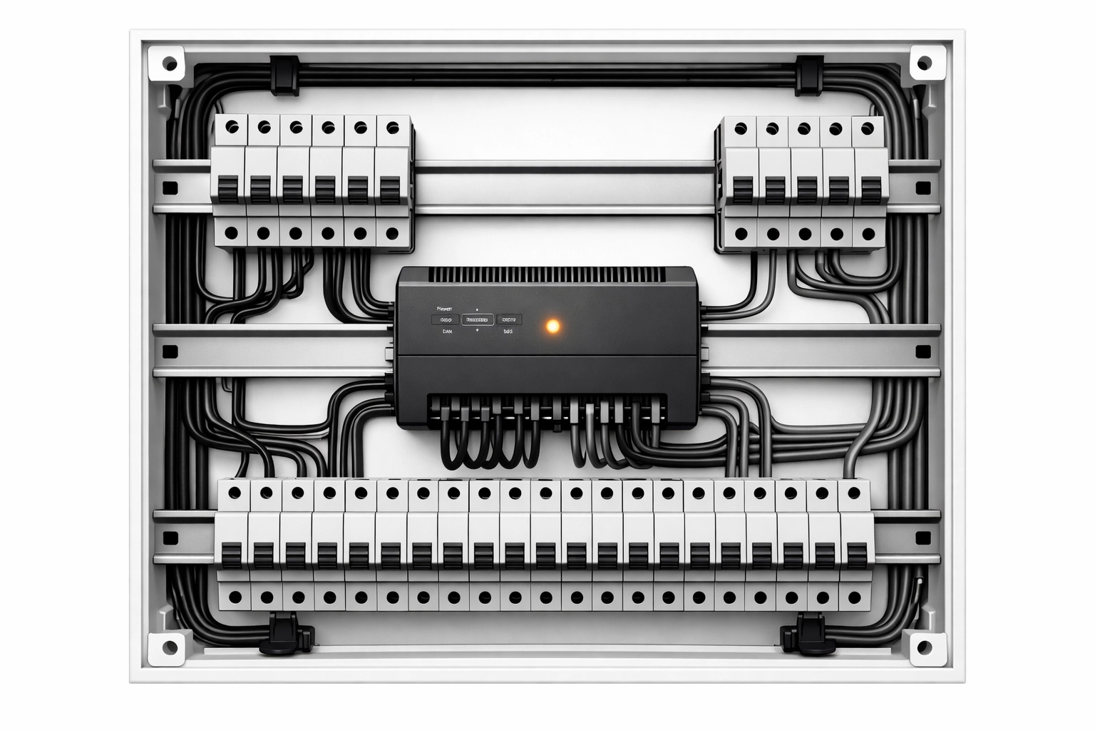 Moderner Verteilerkasten mit zentraler Smart Home Steuerung und strukturierter Elektroinstallation.