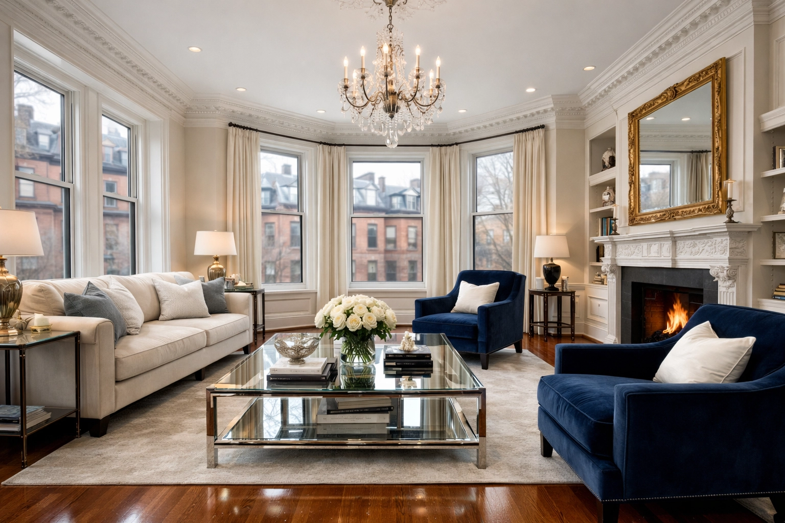 Pristine living room in a Boston brownstone maintained by local experts in house cleaning services MA.