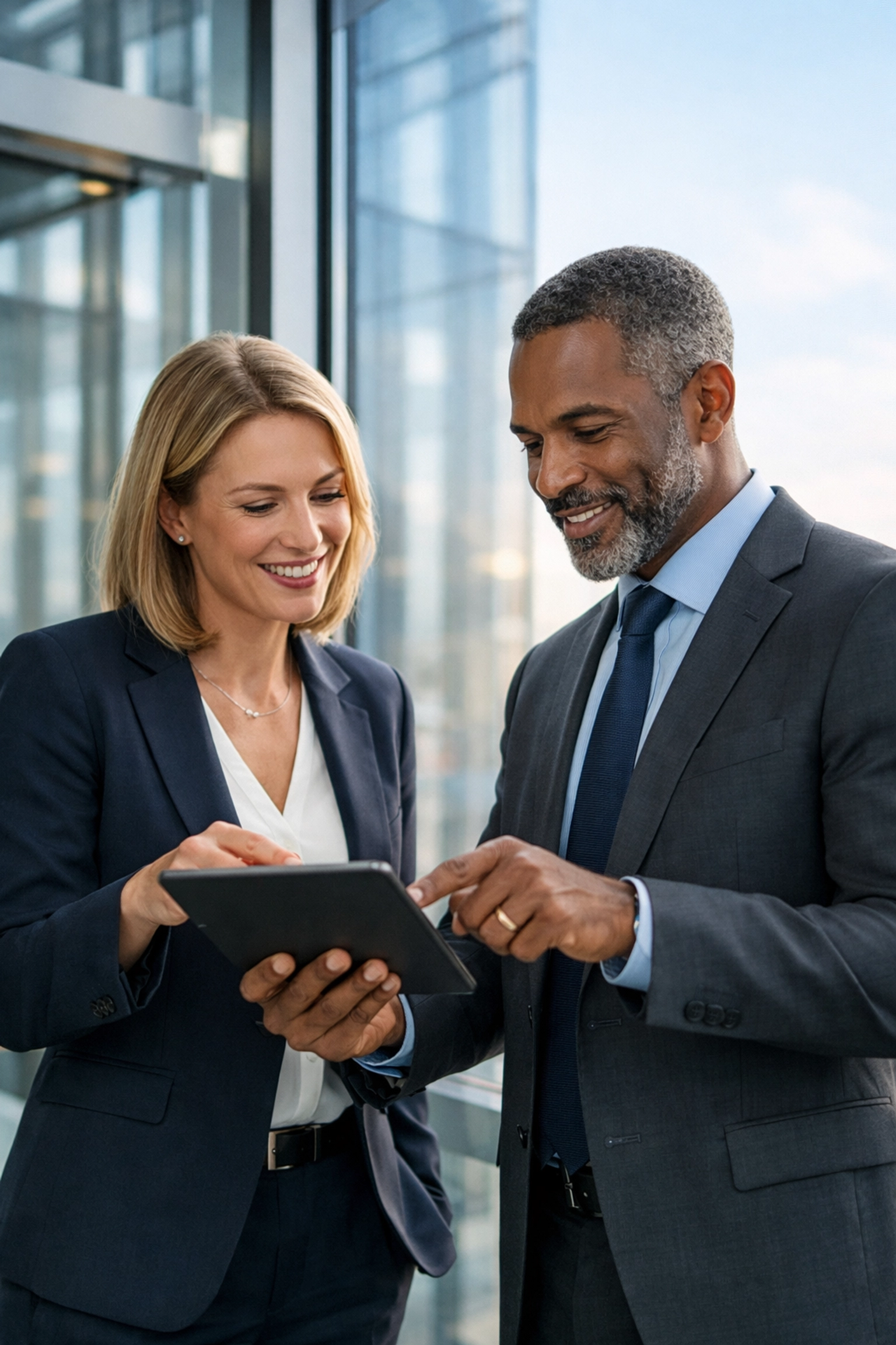 Business leaders discussing a strategic consulting plan for global expansion in a modern office.