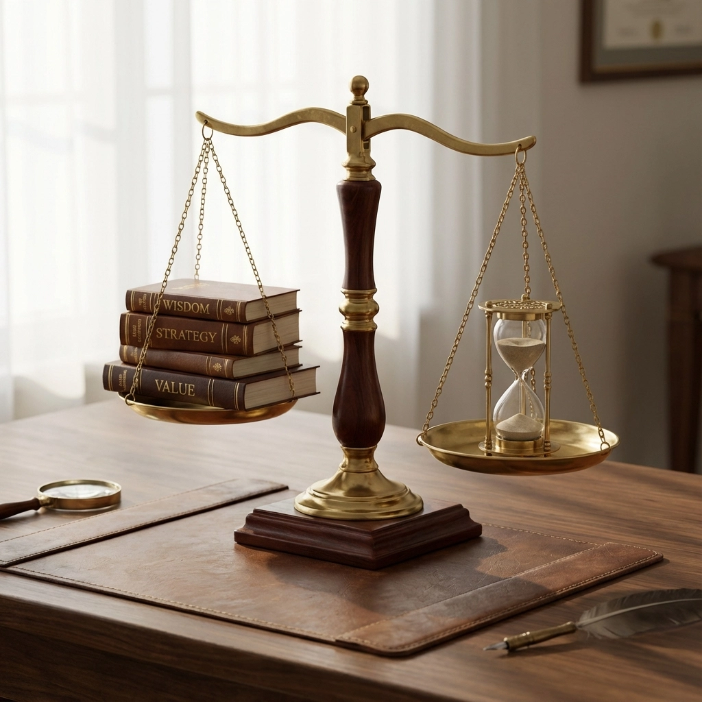A brass scale comparing books labeled wisdom, strategy, and value with an hourglass, representing the importance of planning when writing a business book.