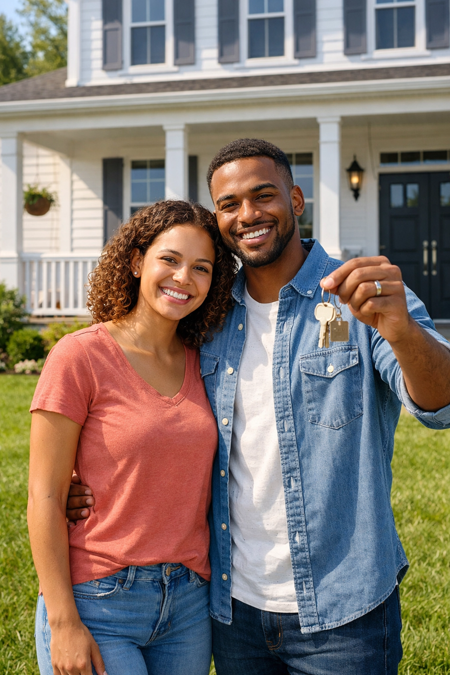 Diverse couple celebrating homeownership in front of their new traditional home at Post Oak.