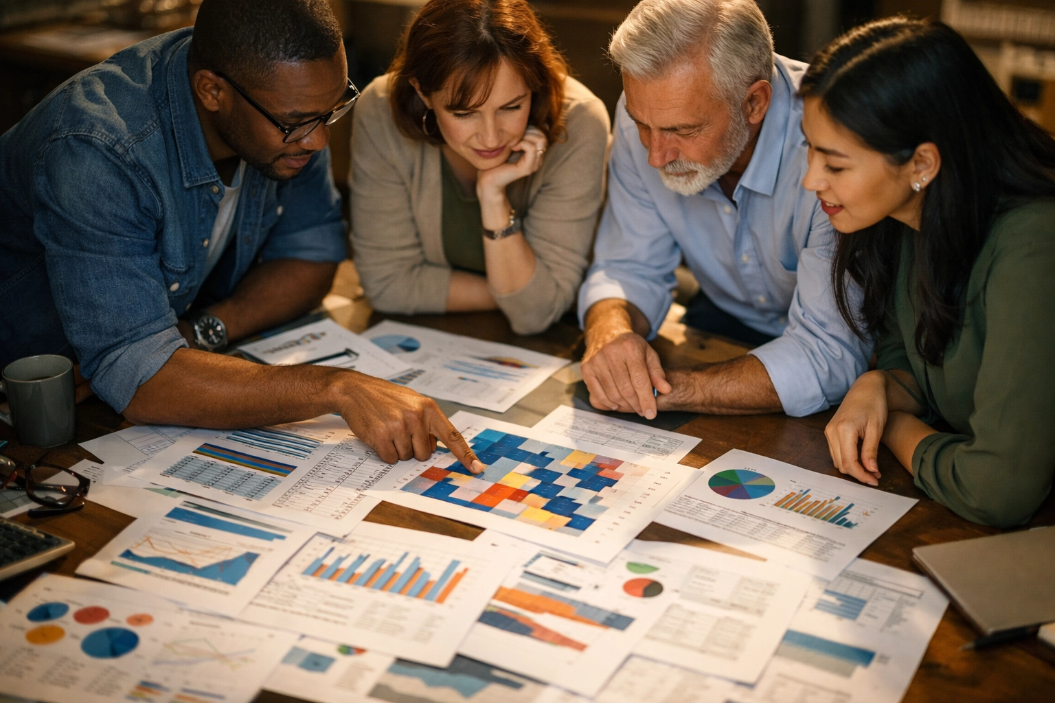 Diverse safety team collaborating over data charts during root cause analysis meeting
