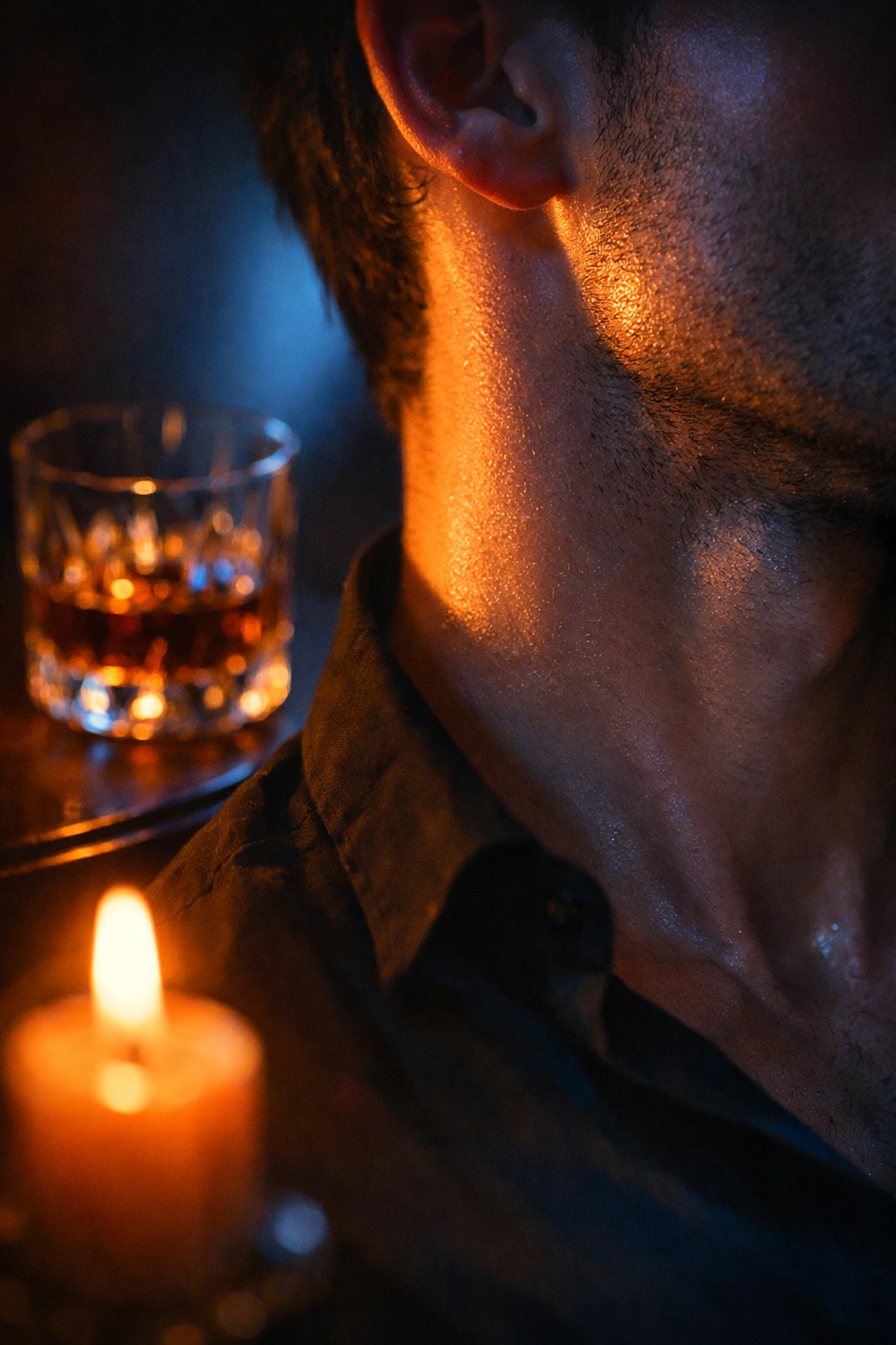 Intimate candlelight scene showing the side of a man's face, evoking the moody atmosphere of MM romance.