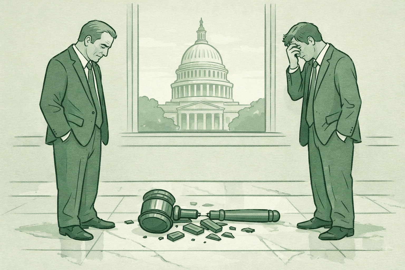 Two politicians divided by shattered gavel symbolizing broken trust and ruined career