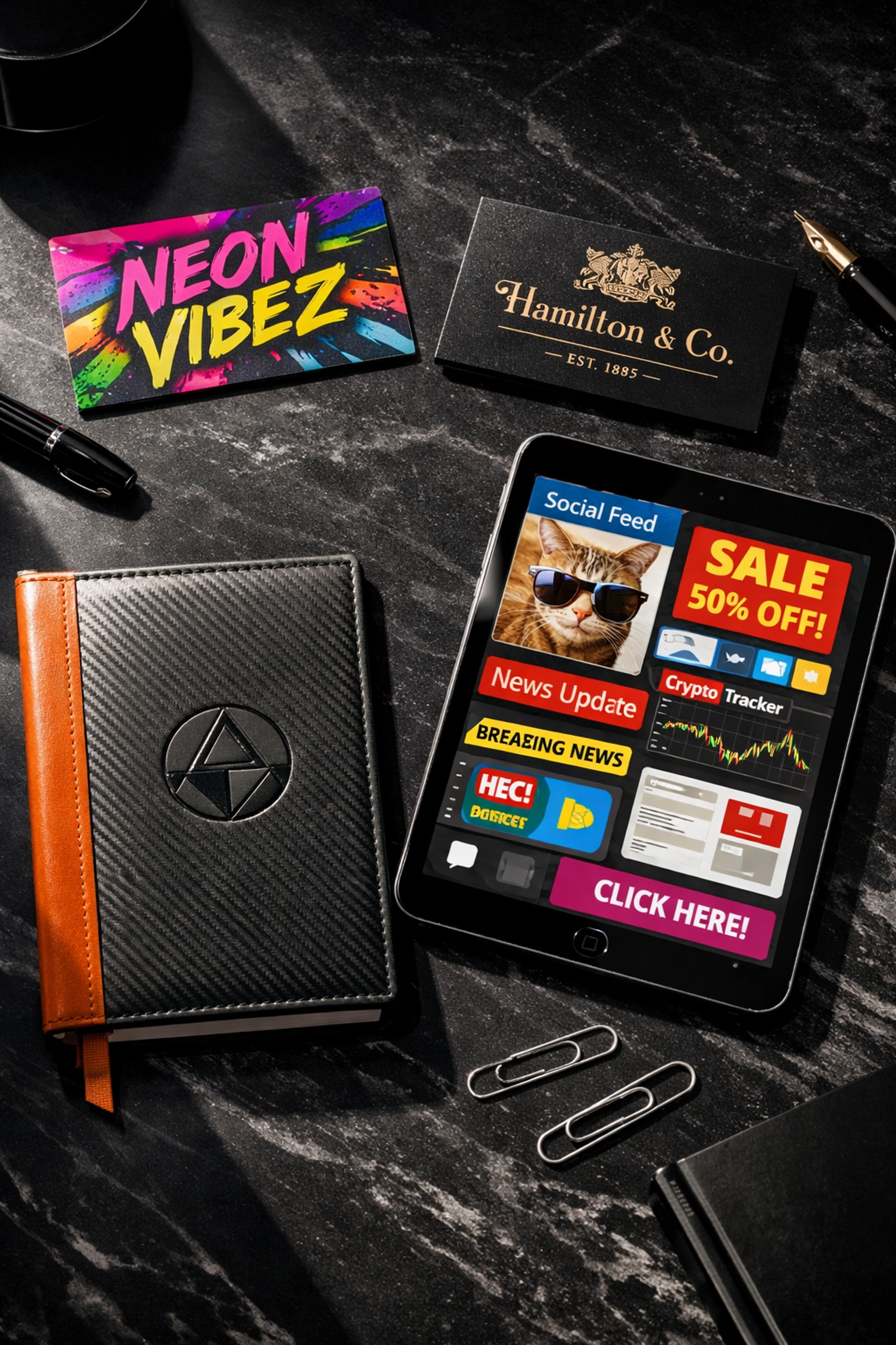 Mismatched brand assets and business cards on a dark desk showing the chaos of inconsistent brand strategy.