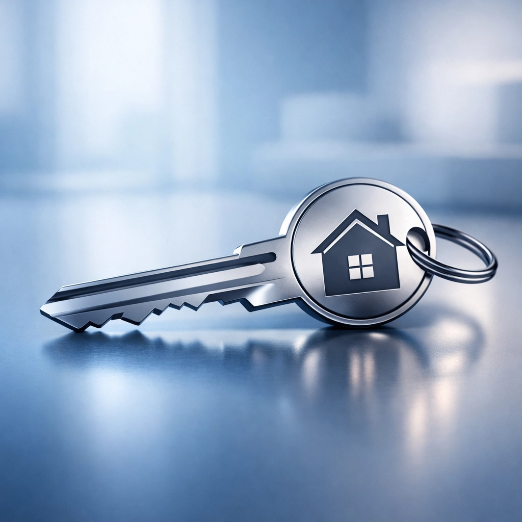 Sleek house key on a reflective surface symbolizing a successful and secure contract for sale NSW.