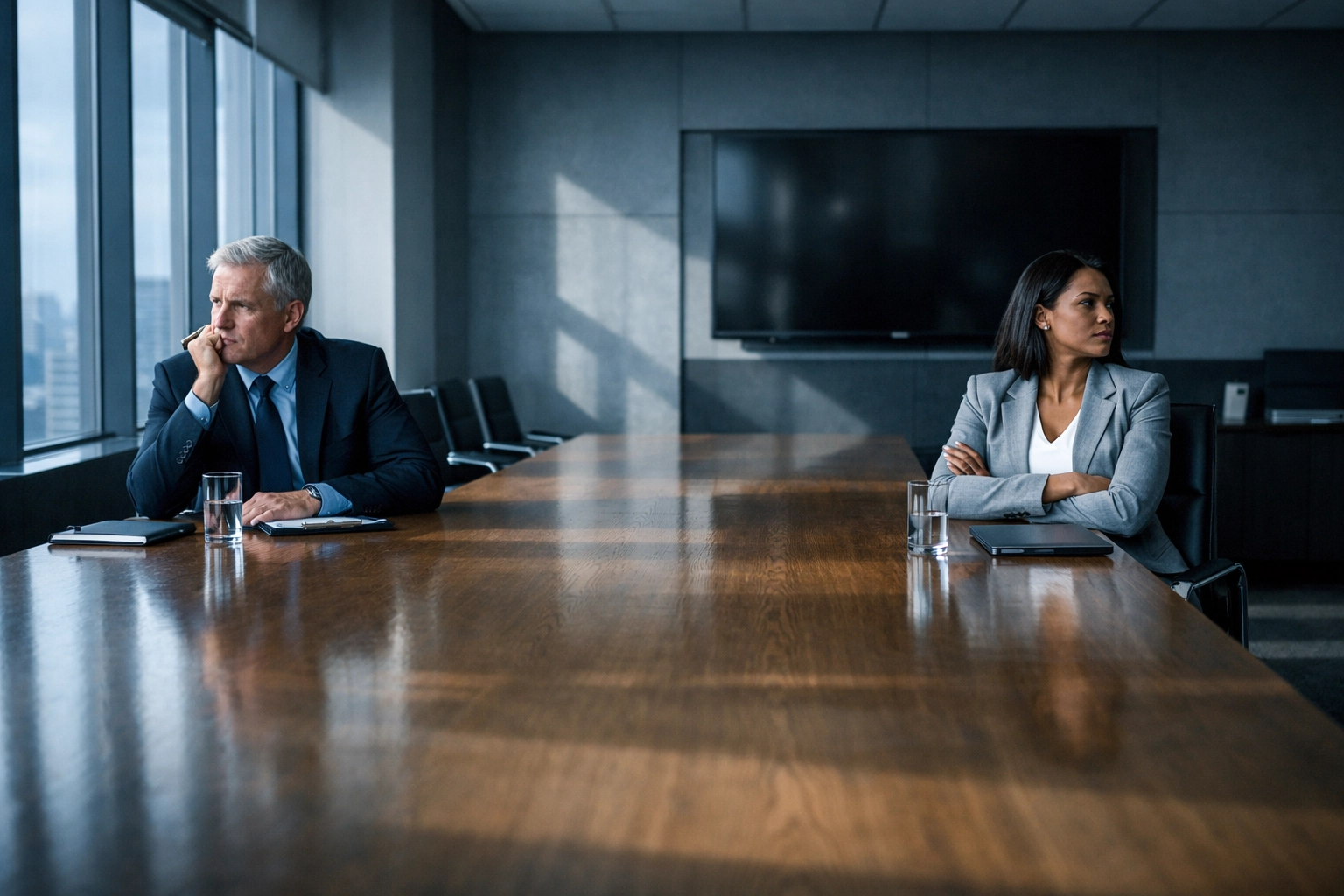 Two executives at a meeting table showing signs of workplace conflict and communication breakdown.