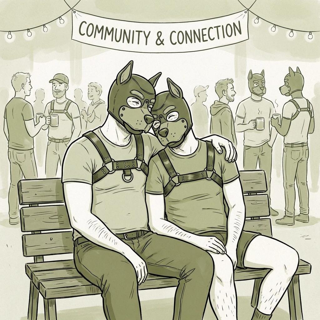 Two men in pup gear embrace at MM kink community gathering showing chosen family bonds