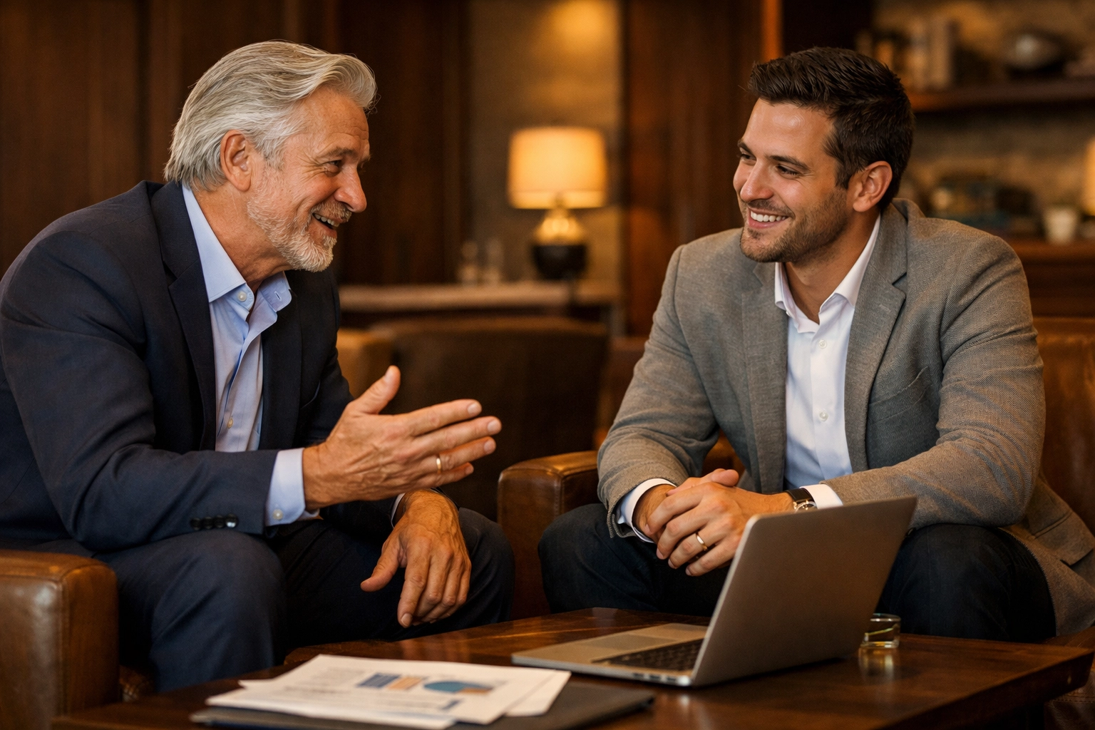 Senior executive and partner collaborating on executive benefit plans to improve retention and alignment.