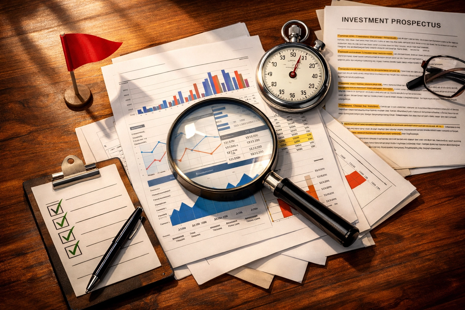 Magnifying glass examining investment documents showing due diligence process for alternatives