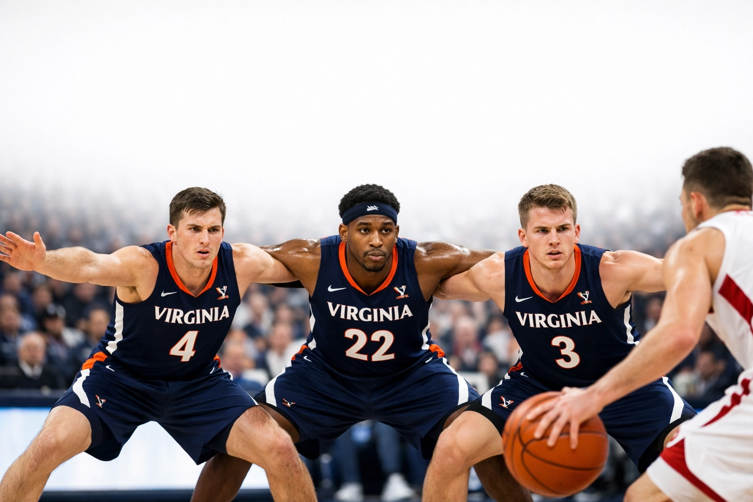 Virginia Cavaliers basketball team displaying their signature defensive wall in a 2026 ACC conference game.