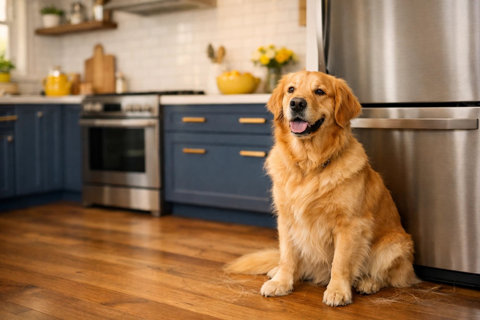 A golden retriever in a kitchen, representing the need for frequent coil cleaning in homes with pets.
