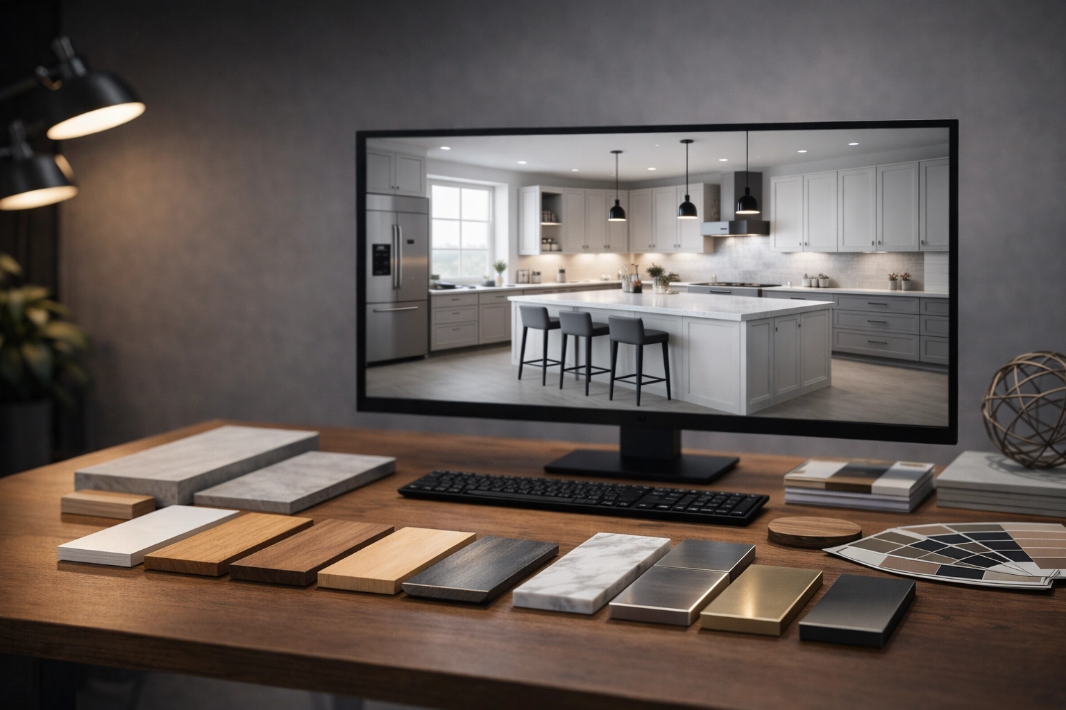 Photorealistic KBB design studio desk scene with material samples and a monitor showing an unbranded kitchen render (no readable UI, no text) - no people, no overlays