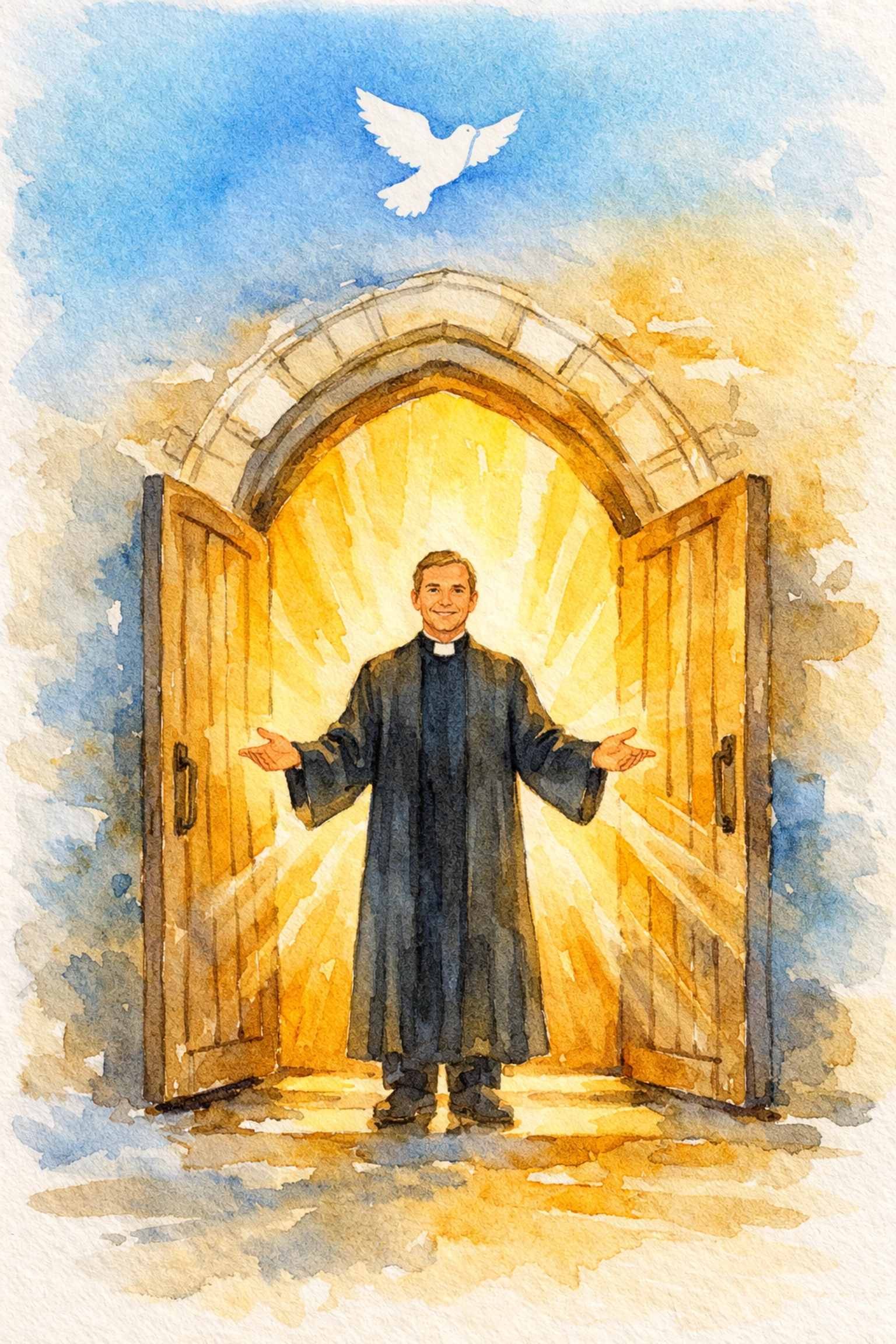 Pastor standing at sunlit church doorway with open arms, symbolizing welcoming presence in church leadership