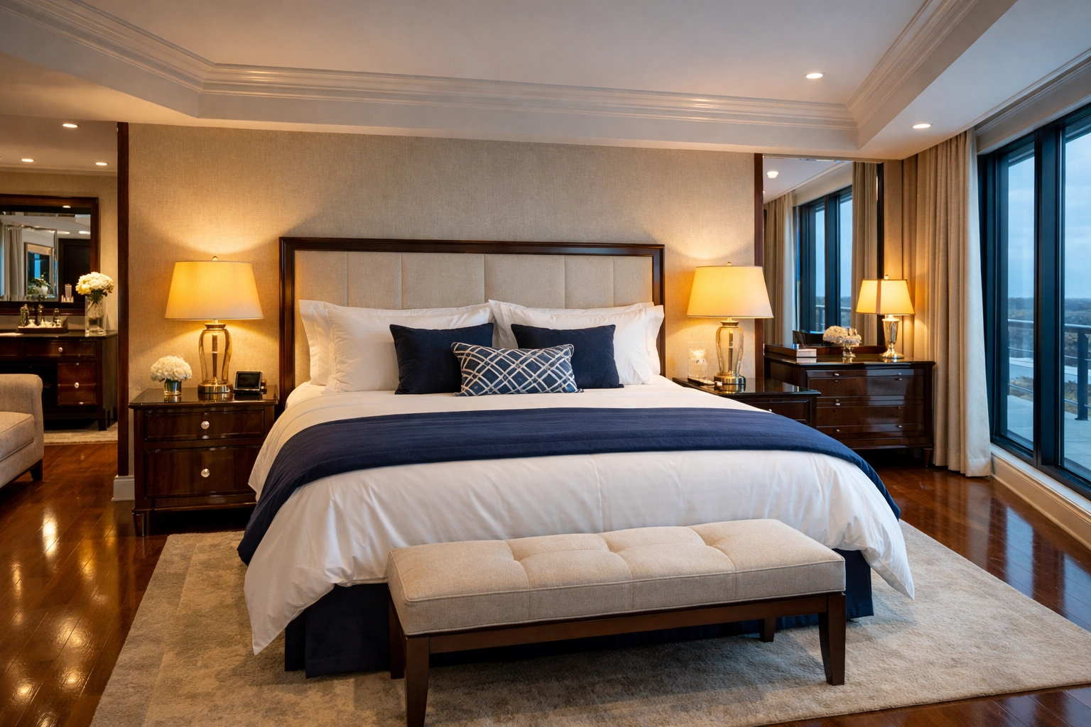 A master bedroom showing professional deep cleaning in Lincoln with polished wood and perfectly made linens.