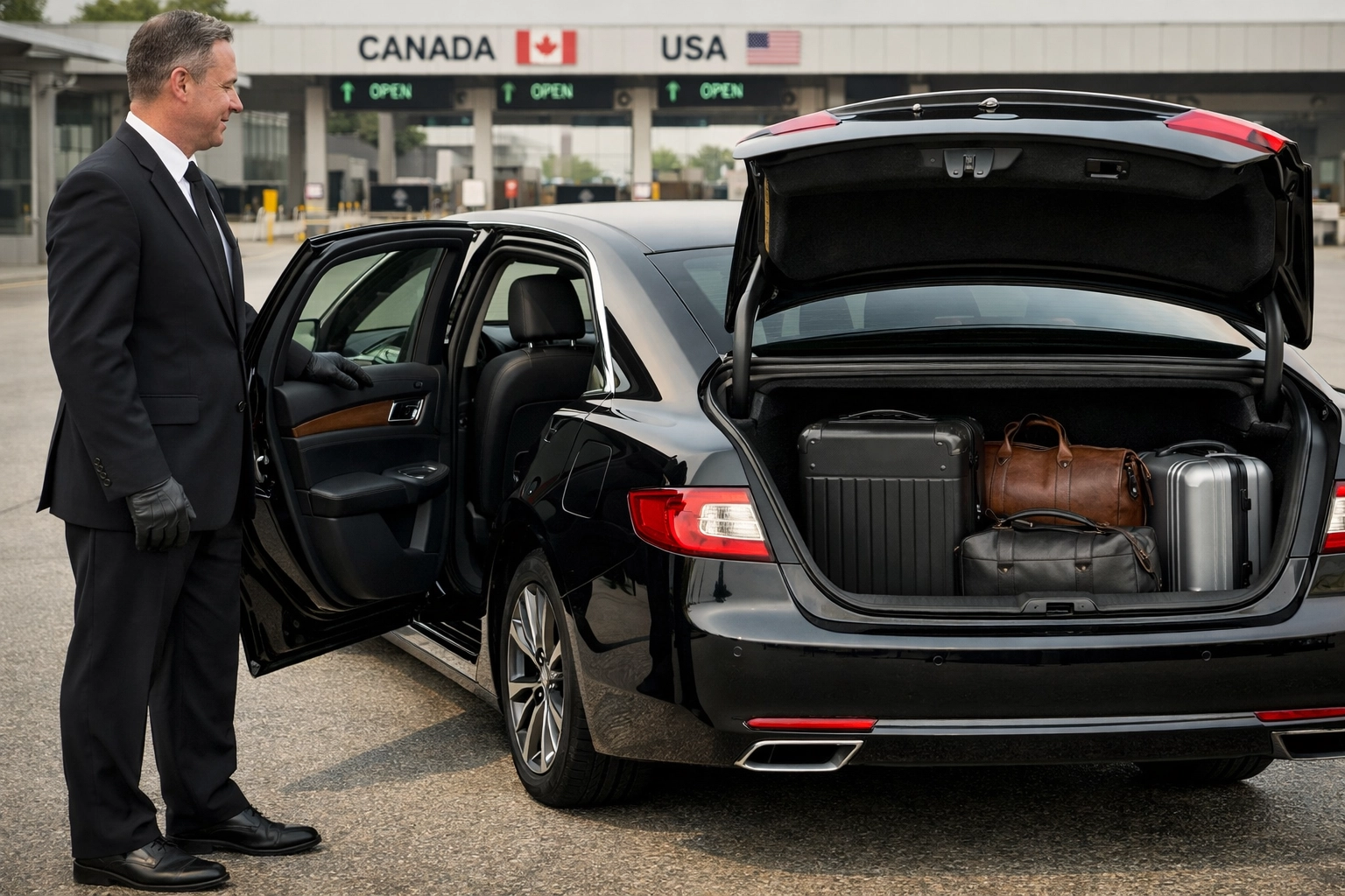 Professional chauffeur providing private car airport transfer service with luxury Lincoln sedan