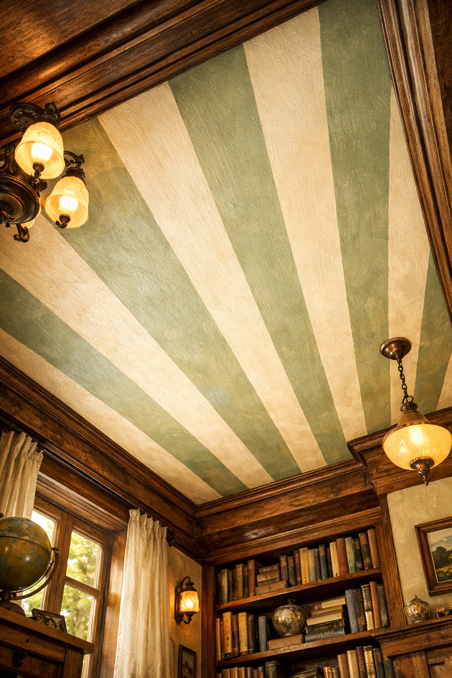 Bold sage green and cream stripes on a study ceiling paired with rustic artisan home decor accents.