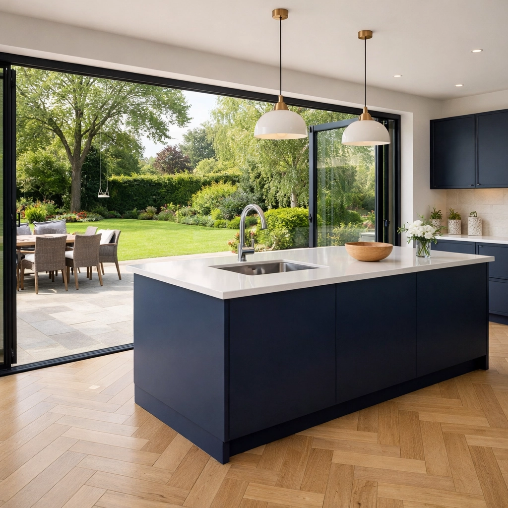Interior of a high-quality open-plan kitchen extension in Hinckley with modern finishes.