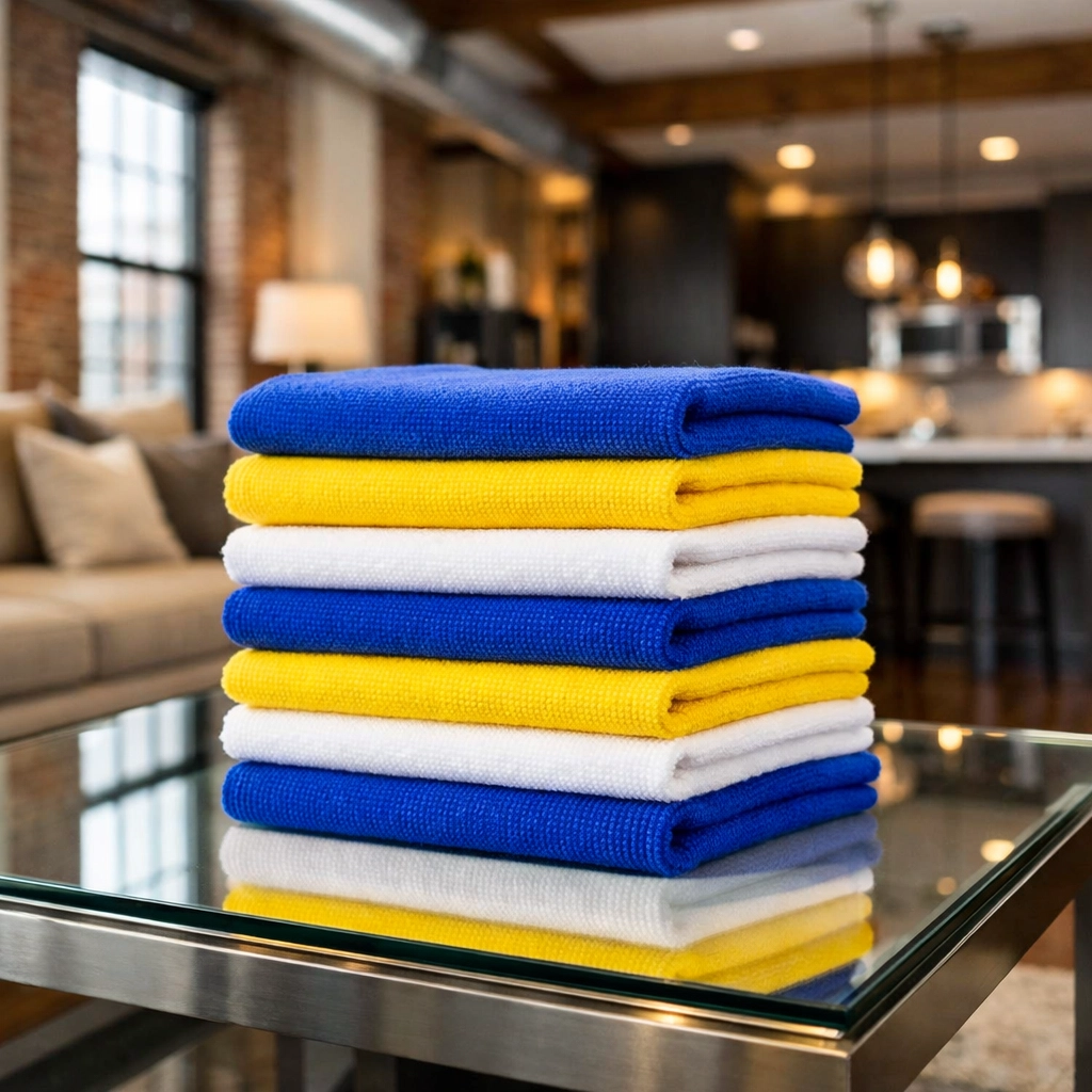 A stack of clean, color-coded microfiber cloths used for organized house cleaning in Lowell homes.