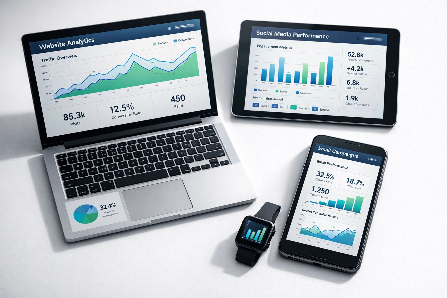 Multi-channel marketing analytics across devices showing performance metrics and optimization data
