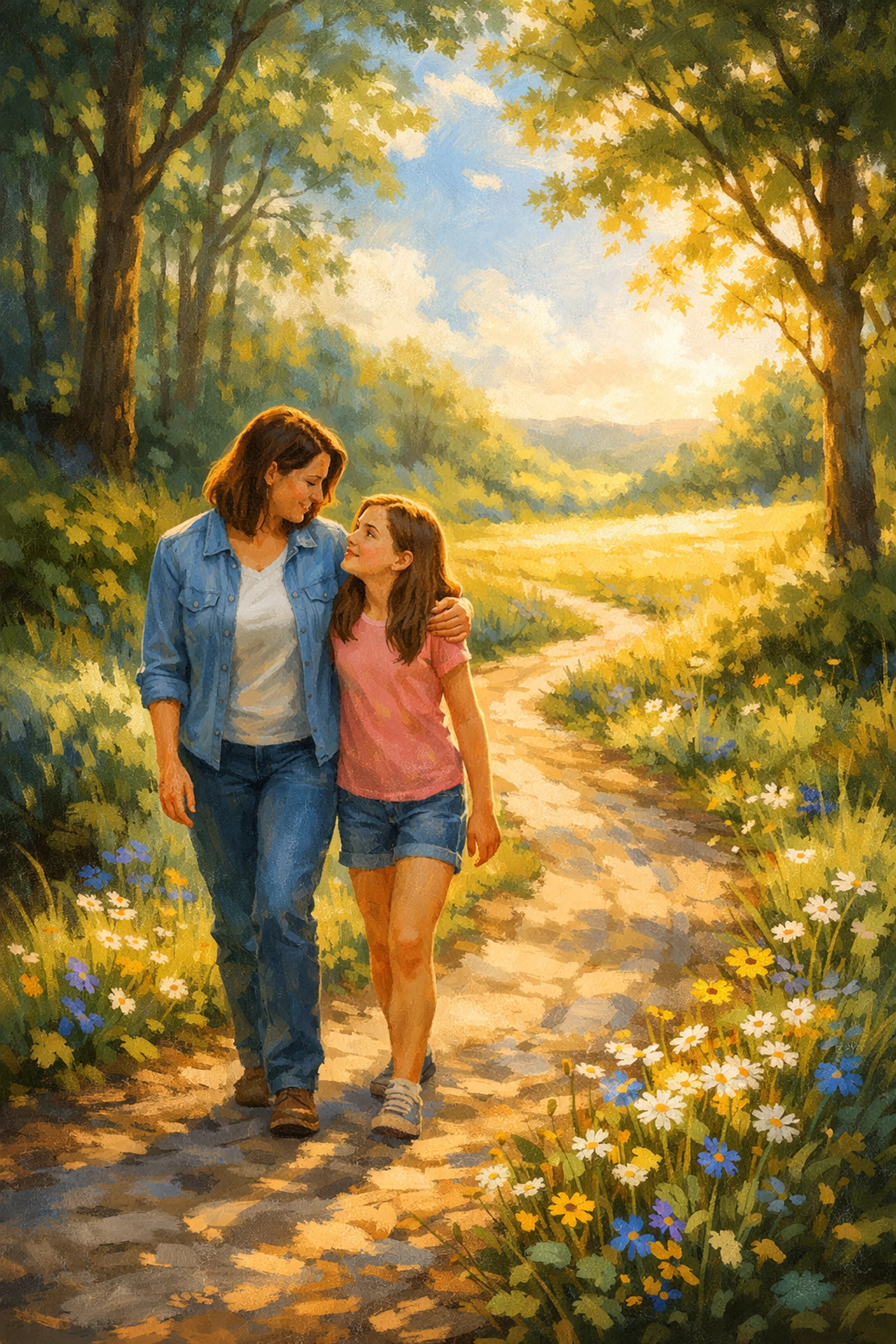 Mother and daughter on a forest path, symbolizing a grace-centered journey of healing and hope in counseling.