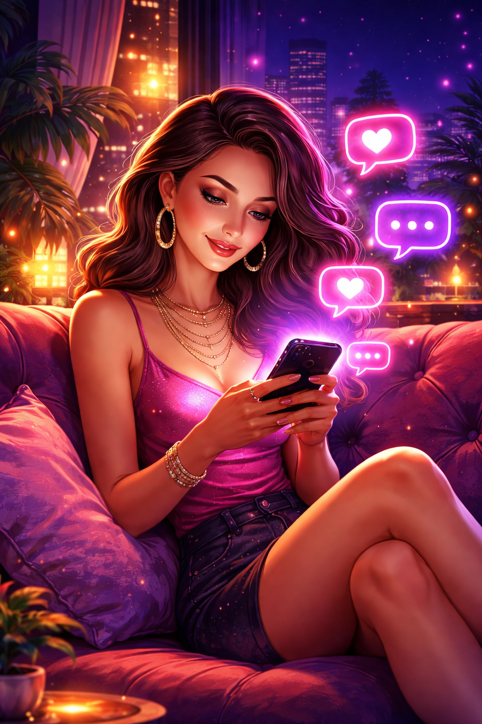 Woman practicing intimate chat on a glowing smartphone, showcasing AI chatbot support for sexual communication