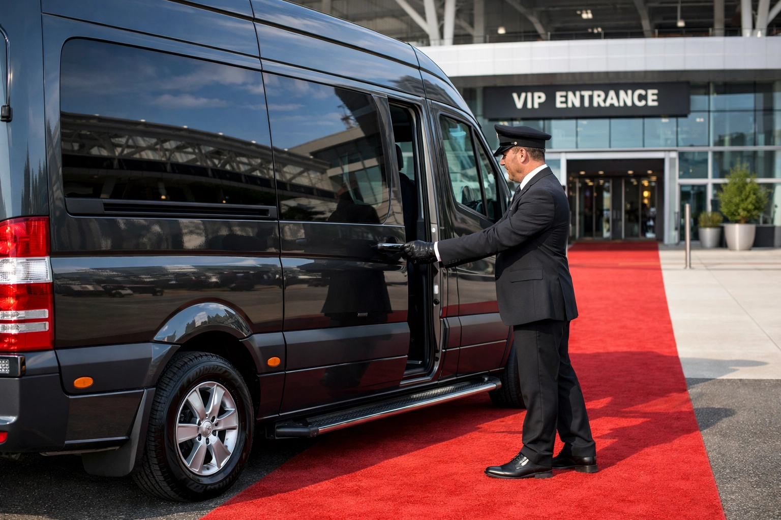 PRESS RELEASE: The Ultimate Guide to Super Bowl Transportation Logistics: Everything You Need to Succeed Chauffeur opening a luxury black Sprinter van at a stadium VIP drop-off zone with a red carpet entrance.