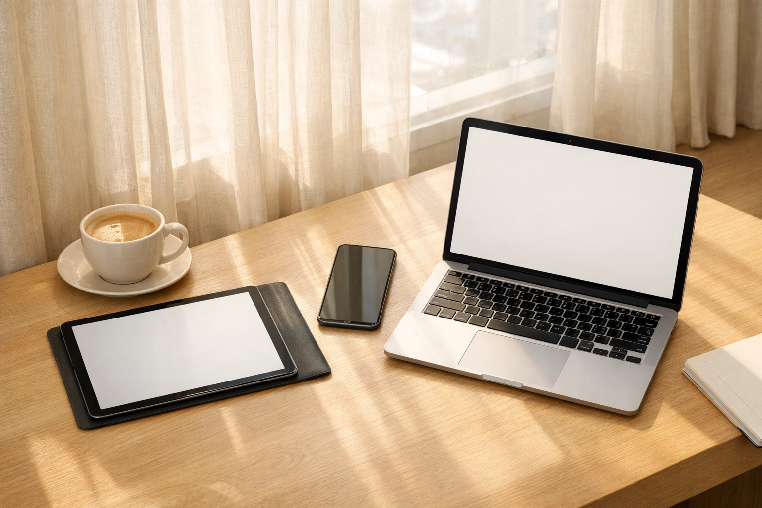 Modern hotel office desk with a tablet and phone showing a connected hotel PMS and CRM system.