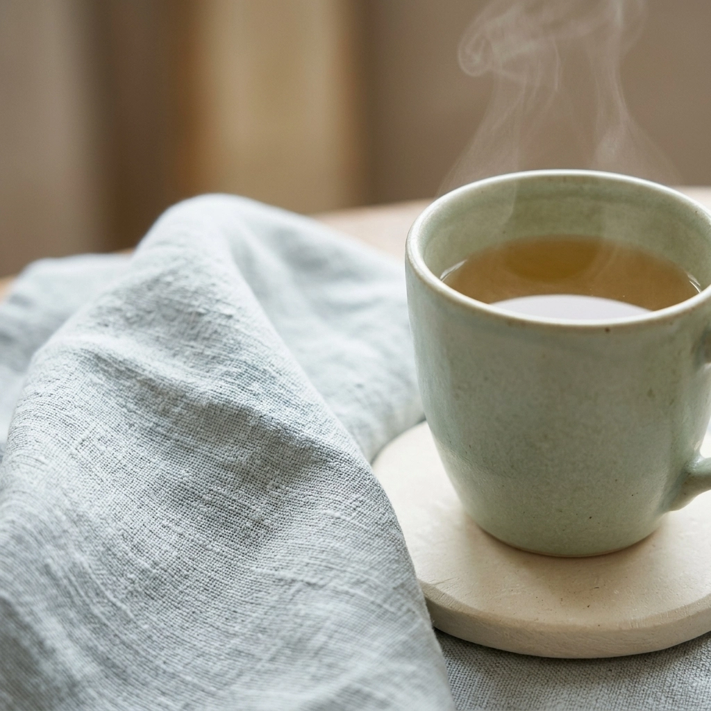 Close-up of a soft, textured linen napkin and a ceramic mug, evoking a sense of sensory calm