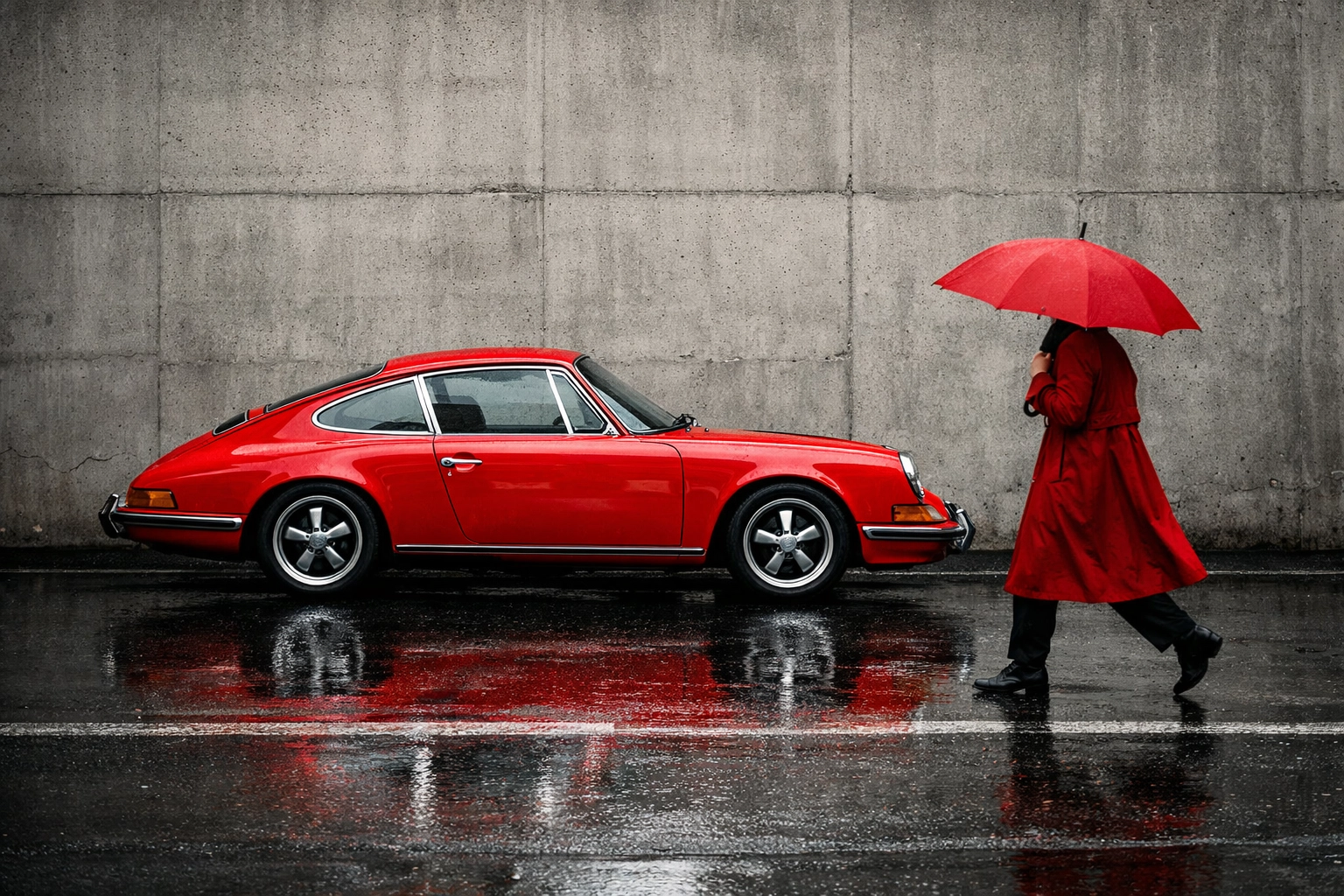 Monochromatic street photography featuring a red car and a red umbrella against a grey industrial wall.