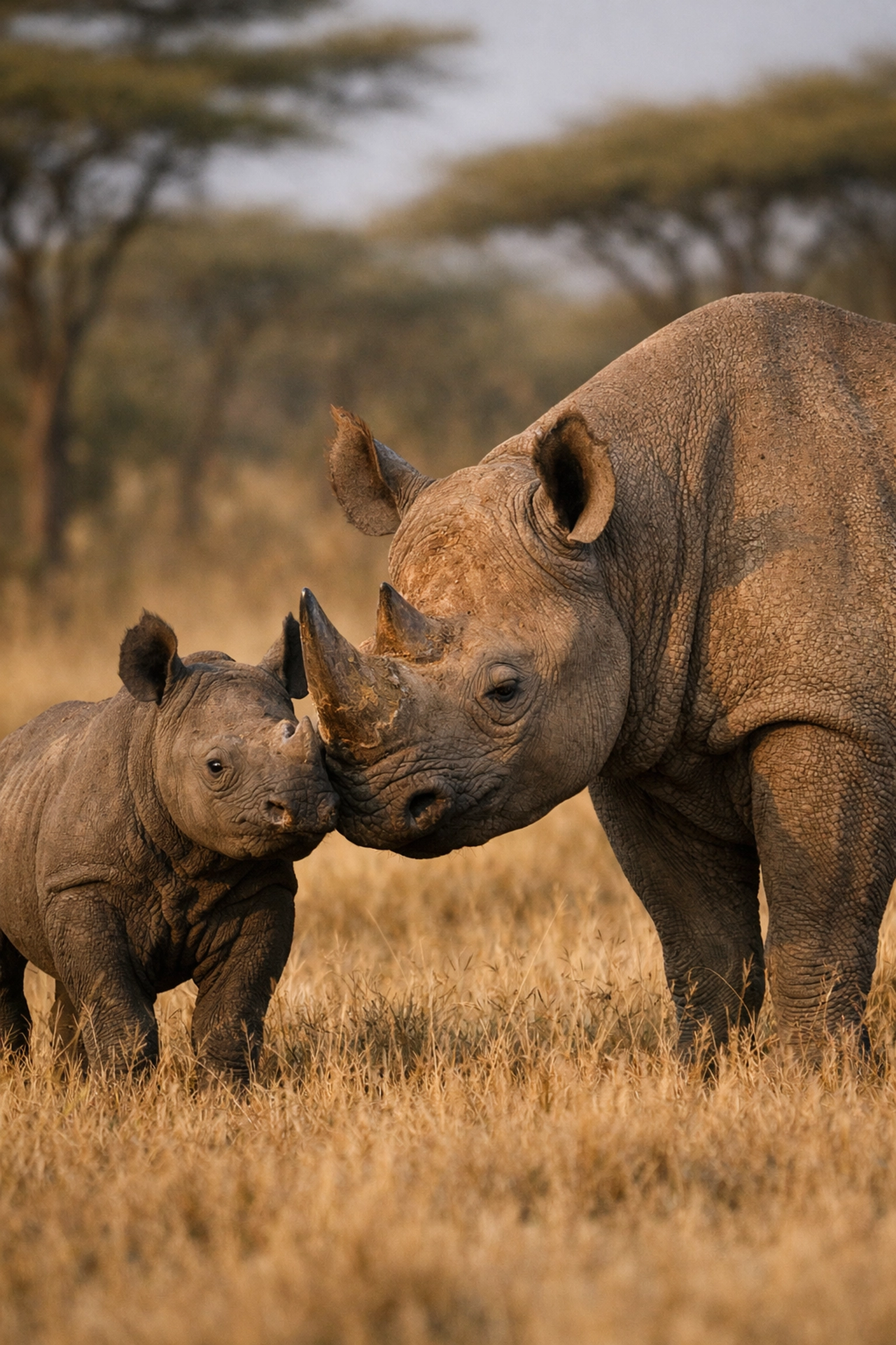 Black rhinoceros mother and calf in Kenyan savanna, representing successful conservation efforts