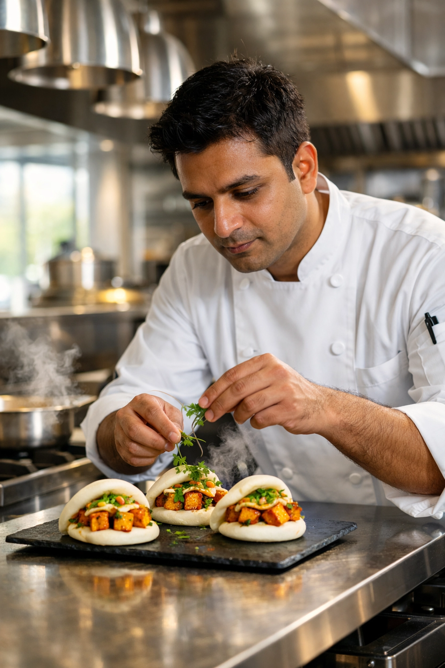 Professional chef garnishing a fusion paneer bao bun in a modern hotel kitchen.